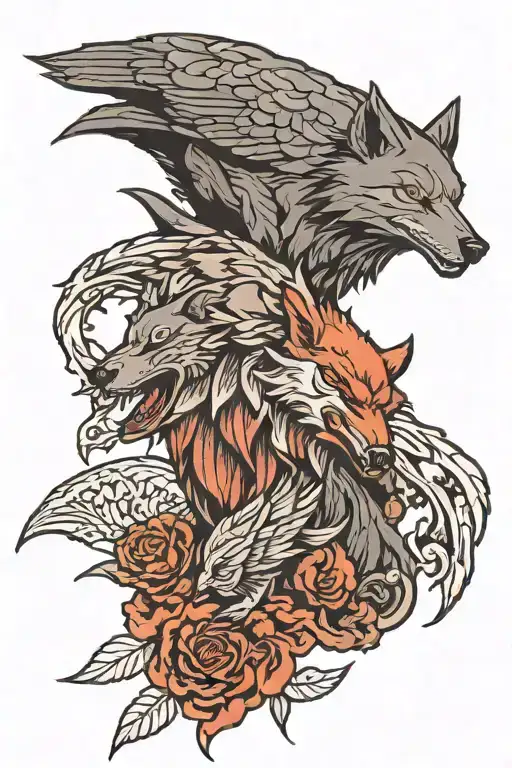 angry wolf and raven tattoo design idea