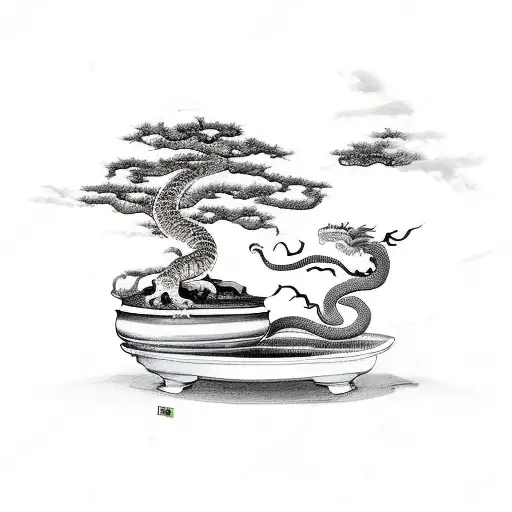 bonsai tree with dragon, snake, monkey, dog, tiger around it tattoo design idea