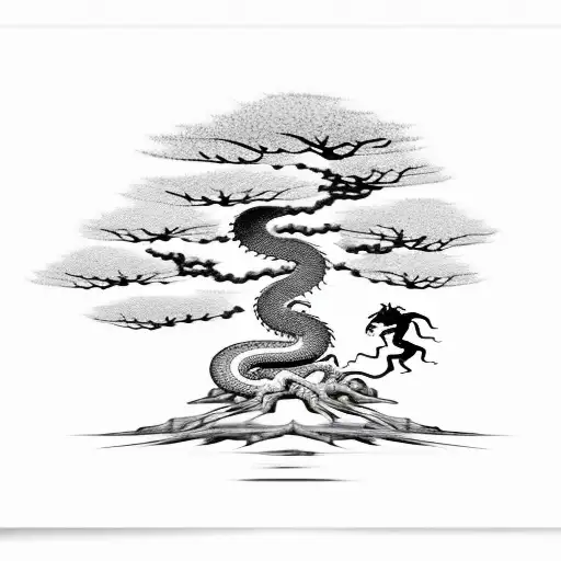 bonsai tree with dragon, snake, monkey, dog, tiger around the tree tattoo design idea