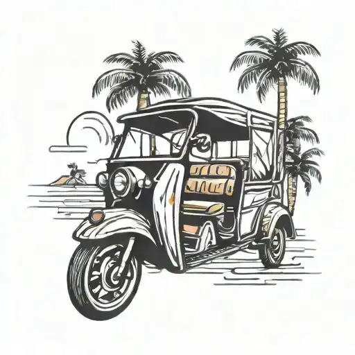 Tuk tuk and palm tree minimal tattoo design idea