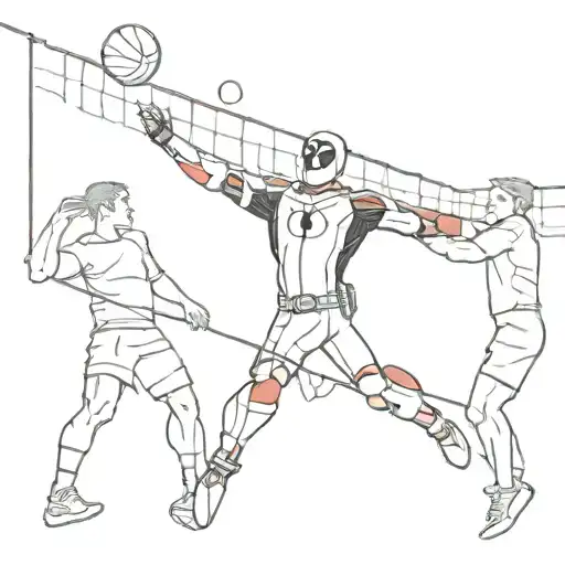 A minimalist design of Deadpool playing volleyball with a group of friends, symbolizing friendship and solidarity tattoo design idea