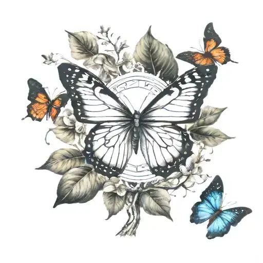 butterfly with tree inside and symbol for surrender tattoo design idea