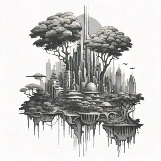 futuristic city with trees tattoo design idea