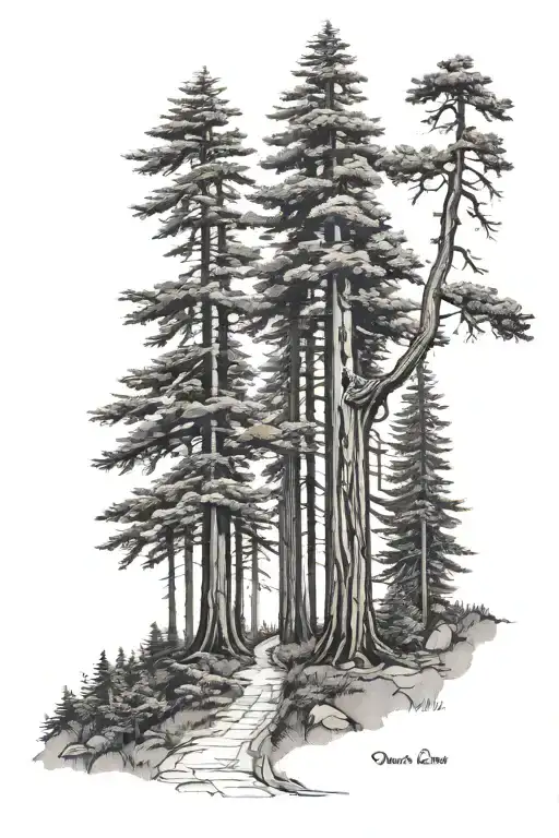Redwood Forest with small dirt path tattoo design idea