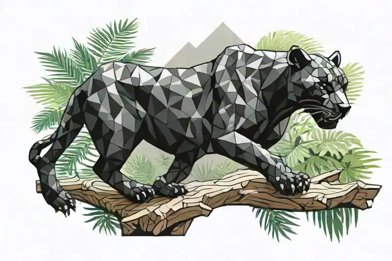 low poly black panther walking on log in jungle, looking at you, viewed from side tattoo design idea