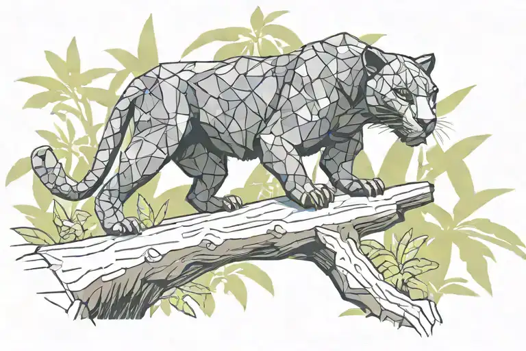 super low poly black panther walking on log in jungle, looking at you, viewed from side tattoo design idea