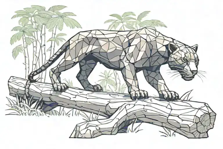 super low poly black panther walking on log in jungle, looking at you, viewed from side tattoo design idea