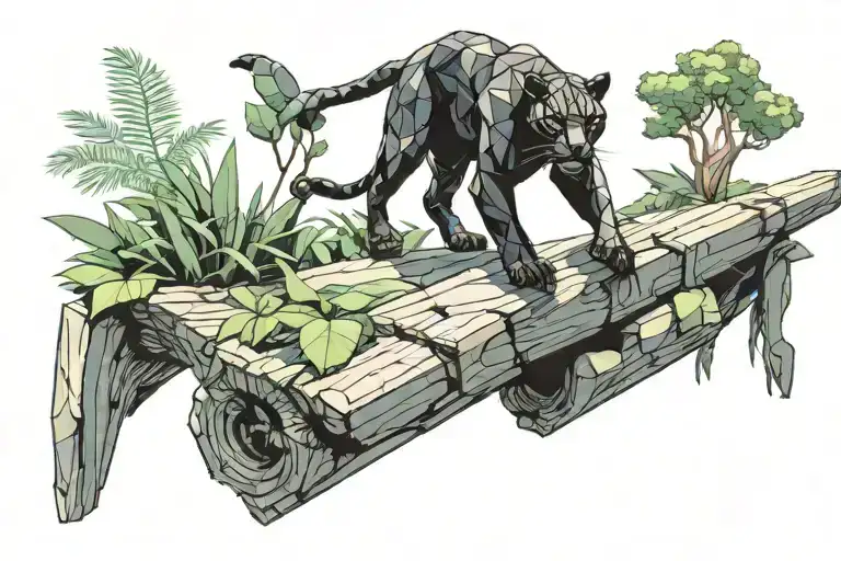 low poly black panther walking on log in jungle, looking at you, viewed from side tattoo design idea