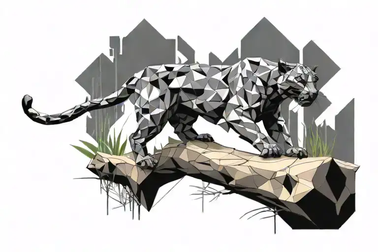 low poly black panther walking on log in jungle, looking at you, viewed from side tattoo design idea