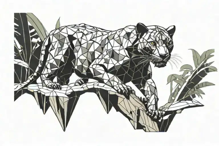 low poly black panther walking on log in jungle, looking at you, viewed from side tattoo design idea