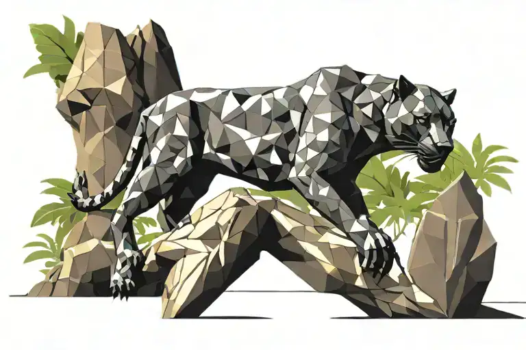 low poly black panther walking on log in jungle, looking at you, viewed from side tattoo design idea