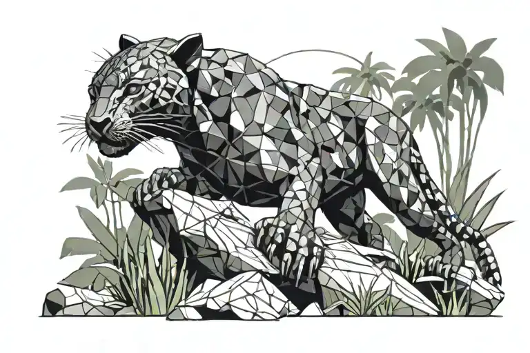low poly black panther walking on log in jungle, looking at you, viewed from side tattoo design idea