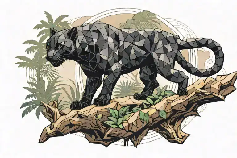 low poly black panther walking on log in jungle, looking at you, viewed from side tattoo design idea