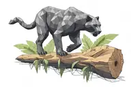 low poly black panther walking on log in jungle, looking at you, viewed from side tattoo design idea