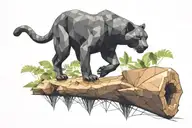low poly black panther walking on log in jungle, looking at you, viewed from side tattoo design idea