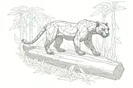 super low poly black panther walking on log in jungle, looking at you, viewed from side tattoo design idea