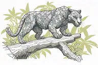 super low poly black panther walking on log in jungle, looking at you, viewed from side tattoo design idea
