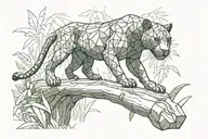 super low poly black panther walking on log in jungle, looking at you, viewed from side tattoo design idea