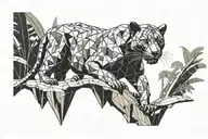 low poly black panther walking on log in jungle, looking at you, viewed from side tattoo design idea