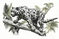 low poly black panther walking on log in jungle, looking at you, viewed from side tattoo design idea