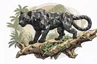 low poly black panther walking on log in jungle, looking at you, viewed from side tattoo design idea