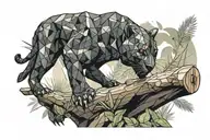 low poly black panther walking on log in jungle, looking at you, viewed from side tattoo design idea