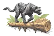 low poly black panther walking on log in jungle, looking at you, viewed from side tattoo design idea