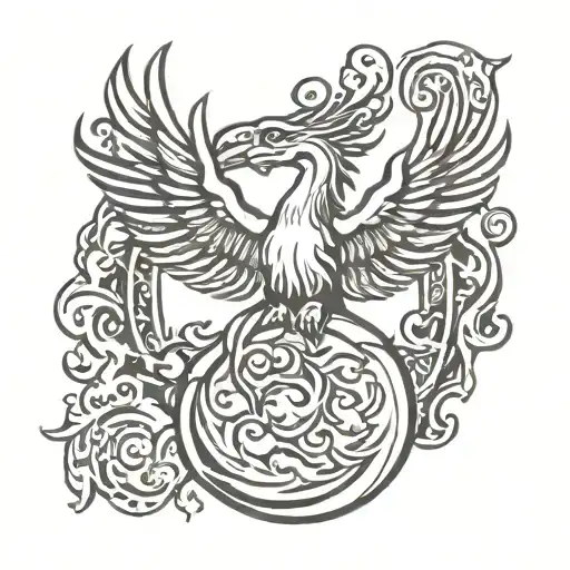 karma symbol and phoenix rising from flames tattoo design idea