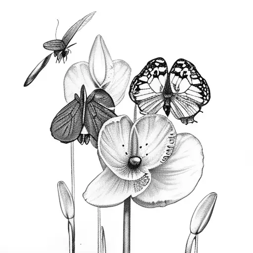 butterflies flying around snowdrop and carnation tattoo design idea