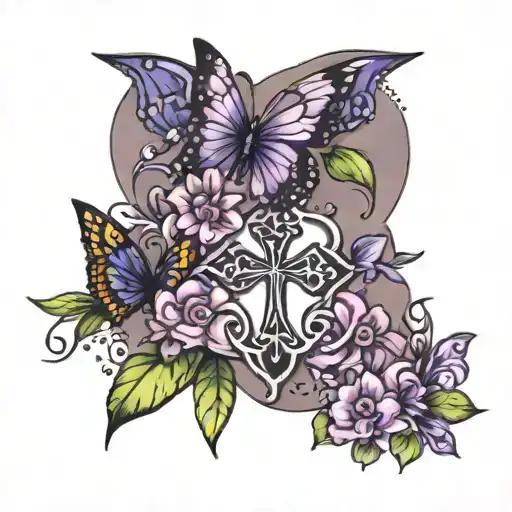 paw prints with purple butterfly and a floral cross tattoo design idea