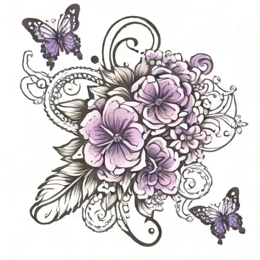 dog paw prints with purple butterfly and a floral cross tattoo design idea