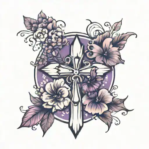 paw prints, purple butterfly, floral cross tattoo tattoo design idea