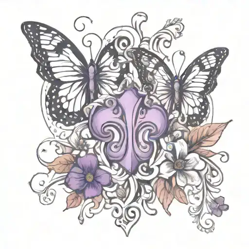 dog paw prints with purple butterfly and a floral cross tattoo design idea