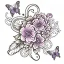 dog paw prints with purple butterfly and a floral cross tattoo design idea