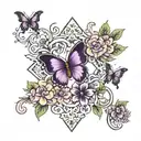 dog paw prints with purple butterfly and a floral cross tattoo design idea