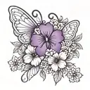 dog paw prints with purple butterfly and a floral cross tattoo design idea