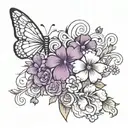 dog paw prints with purple butterfly and a floral cross tattoo design idea