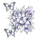 paw prints, purple butterfly, floral cross tattoo tattoo design idea