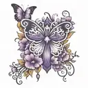 paw prints, purple butterfly, floral cross tattoo tattoo design idea