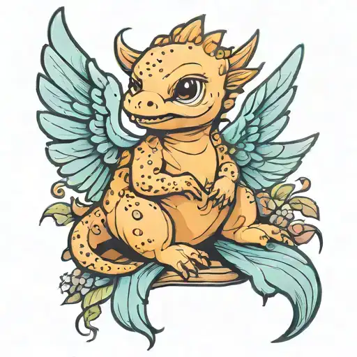 baby dino angel wings sitting tattoo design idea