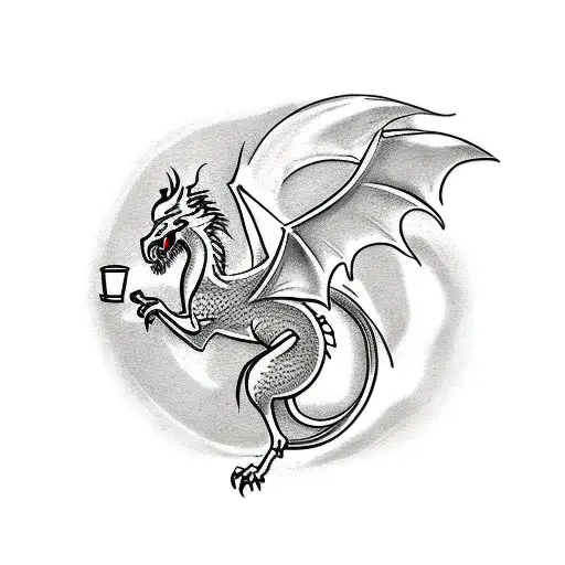 A minimalist tattoo of a fantasy creature like a griffin or a dragon, holding a coffee mug tattoo design idea
