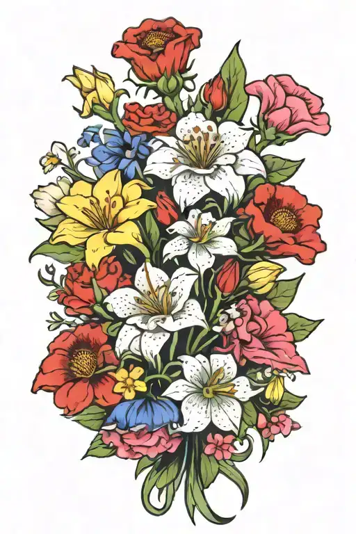 Borth flower bouquet with carnation, daffodil, waterlily, morning glory, and holly tattoo design idea