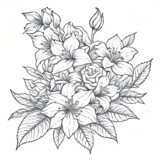 flower bouquet with carnation, daffodil, waterlily, morning glory and holly tattoo design idea