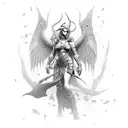 Lilith from diablo 4, full body from front holding red rose petals.  tattoo design idea