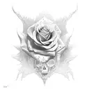 Lilith from diablo 4, full body from front holding red rose petals.  tattoo design idea