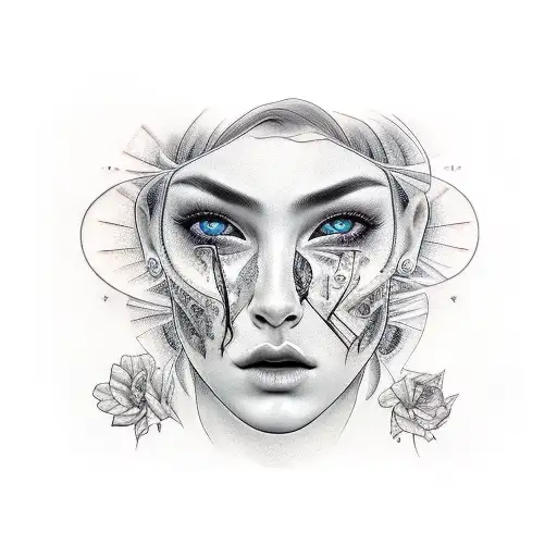 Girl face left side death right side crying eye tattoo design idea