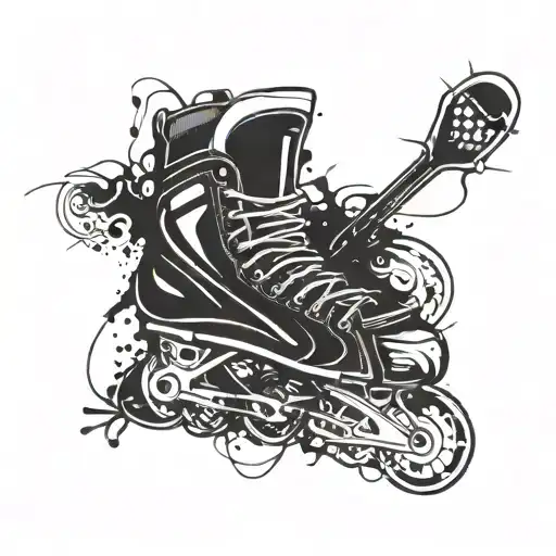 An abstract design combining hockey skates and paintball masks in a dynamic composition tattoo design idea