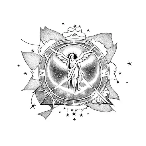 A celestial scene with an angel holding a cross in a starry sky tattoo design idea