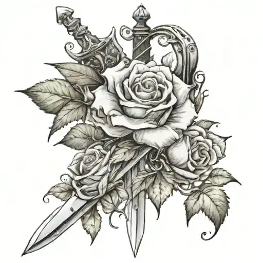 valyrian Sword with a rose flower and a hawthorn flower on it  tattoo design idea