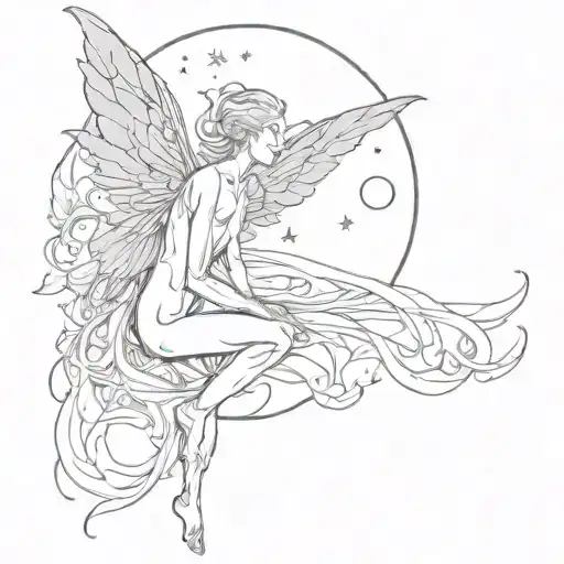 man asking the moon for a fairy wings tattoo design idea
